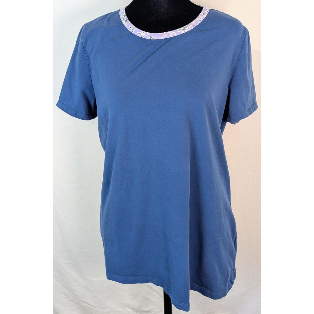 Lands' End Women’s Medium Blue Short Sleeve T-Shirt Floral Trim